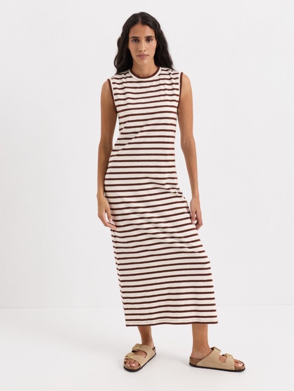 Pact Striped Sleeveless Maxi Dress NWT Chestnut Stripe S